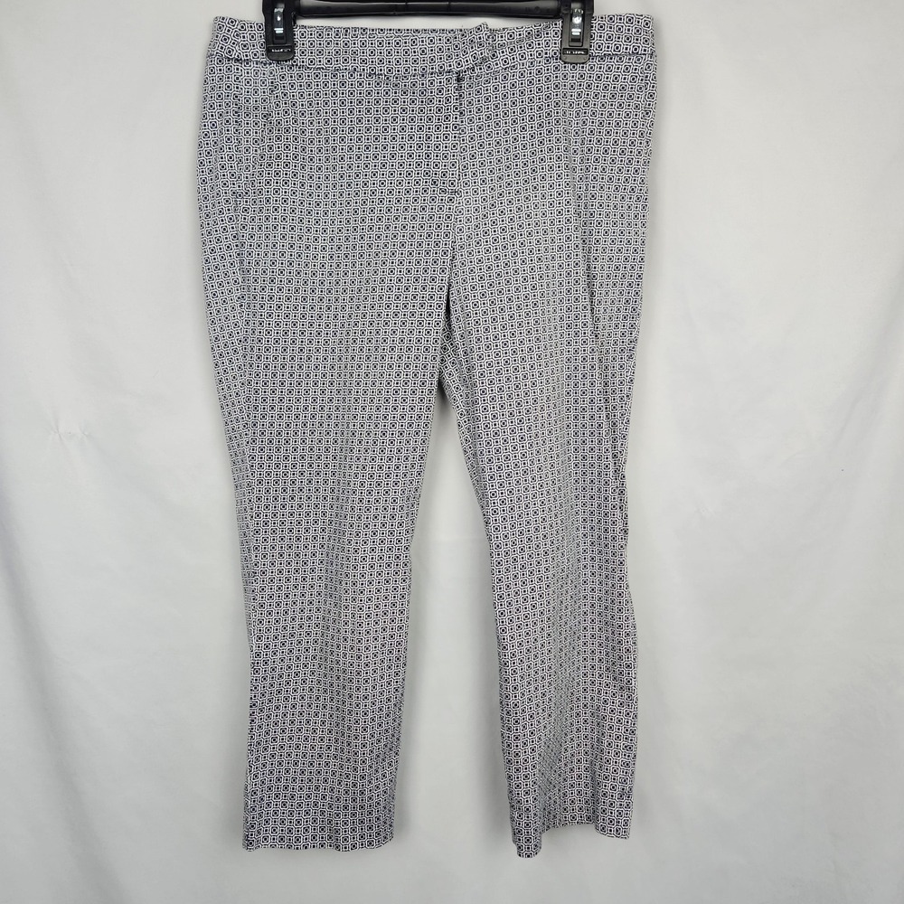 Audrey &‎ Celine Womens Cropped Pants Geometric Print White Blue Stretch Size 12